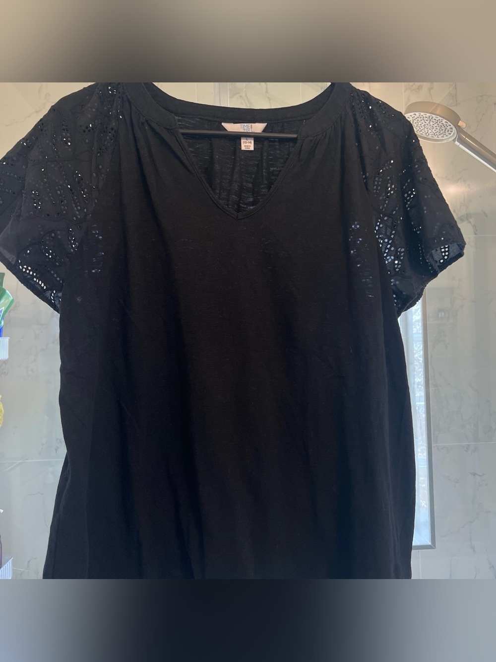 Time and Tru Black V-Neck Tee with Eyelet Short Sleeves
